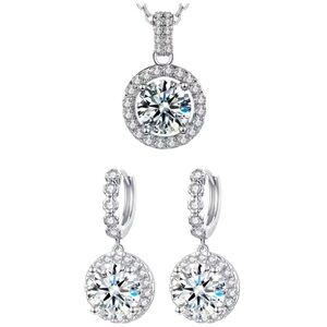 3ct Moissanite Halo Pendant Necklace & Earring Bridal Set 925 Sterling Silver